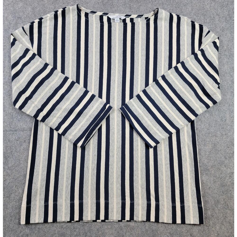 LL Bean Signature Shirt Womens Small Navy Ivory Striped Boatneck 3/4 Sleeve Hemp
